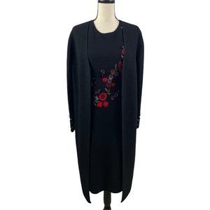 RICKIE FREEMAN TERI JON KNITWEAR FLORAL EMBROIDERED WOOL DRESS & DUSTER SET MED